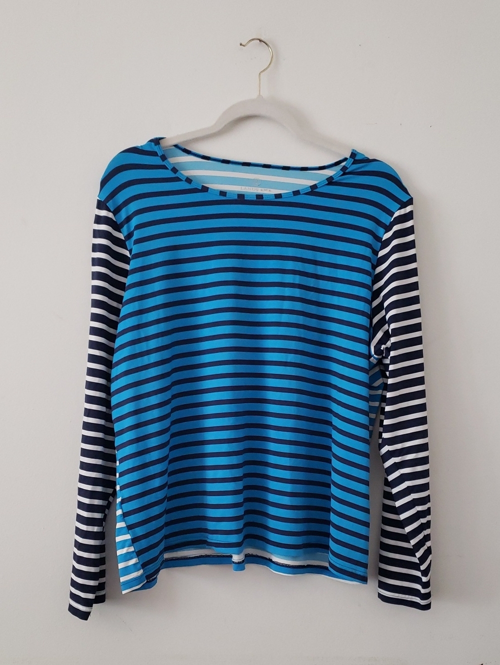 Lands' End Blue Striped SunShade UPF 50 Long Sleeve Rash Guard Swim Tee 1X